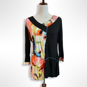 Parsley & Sage, Patchwork, Mixed Fabric, Abstract Eclectic Art Tunic Blouse, L